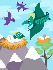Vector vertical scene with pterodactyl flying to his baby in the nest. Dinosaur landscape illustration. Cute prehistoric scenery with pterosaur, sky, mountains, trees, eggs. Funny dino scene for kids