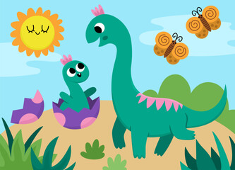 Vector horizontal scene with brachiosaur and his baby hatching from egg. Dinosaur landscape illustration. Cute prehistoric mom and baby scenery. Funny dino scene for kids