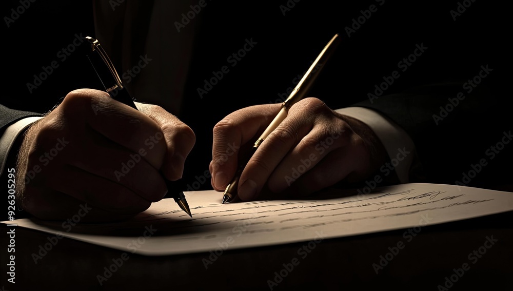 Poster hands signing a document with two pens.