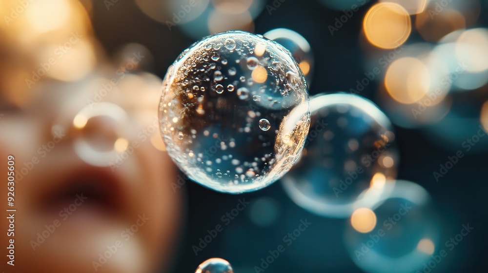 Aufkleber a close-up view of several floating bubbles against a blurred colorful abstract background, highligh