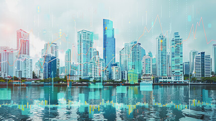 Smart digital Innovation city with connection network reciprocity over the cityscape. of future smart wireless digital city and social media networking systems that connects people with in city