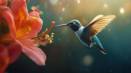 Fototapeta premium Hummingbird in Flight Near a Red Flower