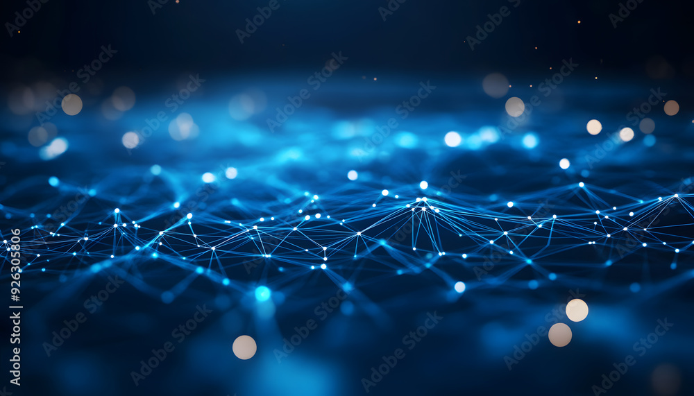 Poster abstract blue background with glowing connection lines and dots in a low-poly style.