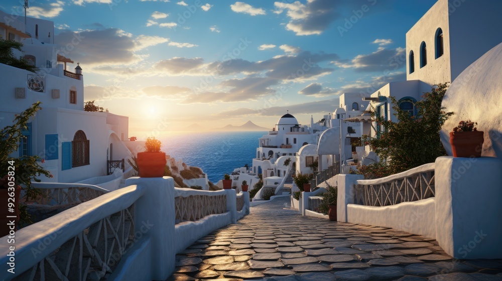 Sticker beautiful view of churches in oia village, santorini island in greece at sunset, with dramatic sky.