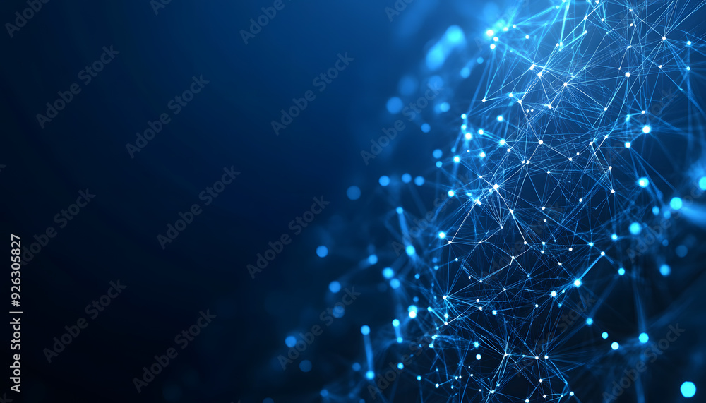 Poster abstract blue background with glowing connection lines and dots in a low-poly style.