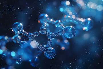 An abstract technology background featuring a scientific and cosmetology theme with a molecular structure, transparent blue light liquid bubbles, and a science illustration of a gel molecule, all pro