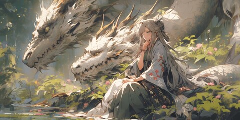 Enchanting Anime-Style Illustration: A Japanese Girl and Dragon in a Forest, a Whimsical Fairy Tale Art Piece, Ideal for Fantasy Game Concepts, Storybook Illustrations, and 4K Wallpapers