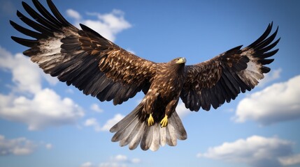 Naklejka premium A Brown and Black Eagle in Flight Against a Blue Sky with White Clouds