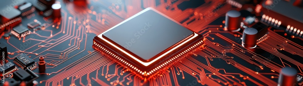 Poster a circuit board with a prominent microchip, showcasing intricate red and black patterns and technolo