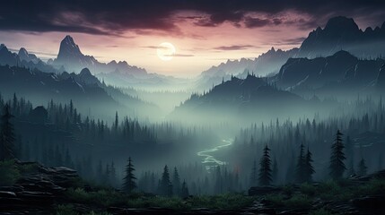 Beautiful View of Misty Aurora Night Mountain Forest Landscape 4k Ultrawide Wallpaper Illustration  