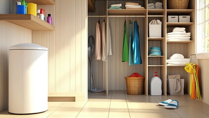 White storage unit and closet with supplies.