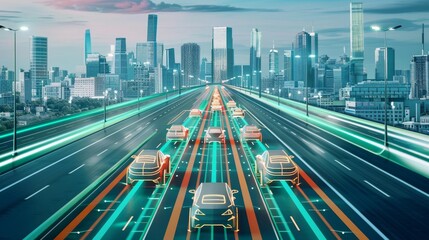 Fototapeta premium Sustainable transportation networks for the future transportation network front view Showcasing ecofriendly transport solutions futuristic tone Triadic Color Scheme