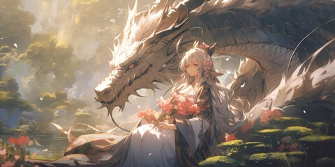 Enchanting Anime-Style Illustration: A Japanese Girl and Dragon in a Forest, a Whimsical Fairy Tale Art Piece, Ideal for Fantasy Game Concepts, Storybook Illustrations, and 4K Wallpapers