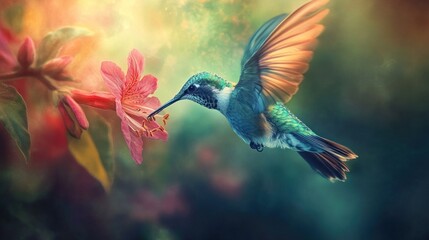 Fototapeta premium Hummingbird in Flight, Feeding from a Pink Flower