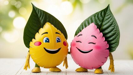 two emoji wearing a dress of tree leaf and smiling