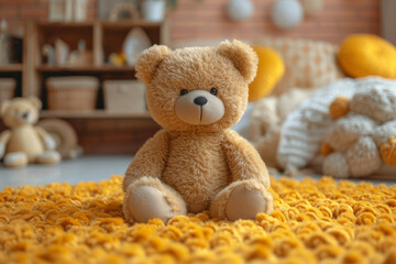 Cute teddy bear sitting children room with toys. Stuffed animal toy teddy bear.