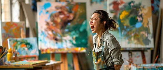 Asian Artist Expressing Anger While Critiquing Unfinished Artwork.