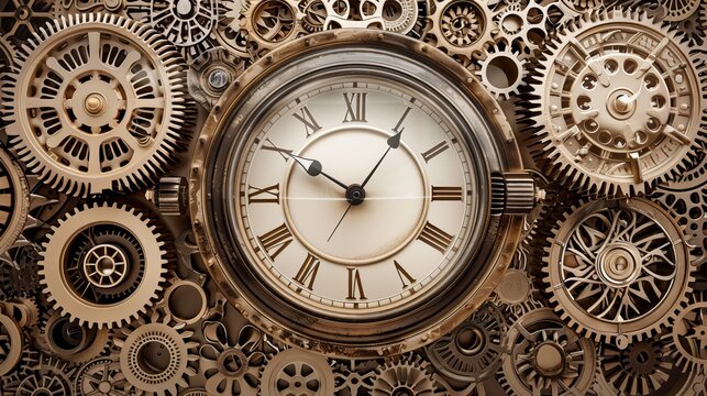 A clock exploding into gears and timepieces, representing the concept of time and ideas, steampunk style, sepia tones, intricate details