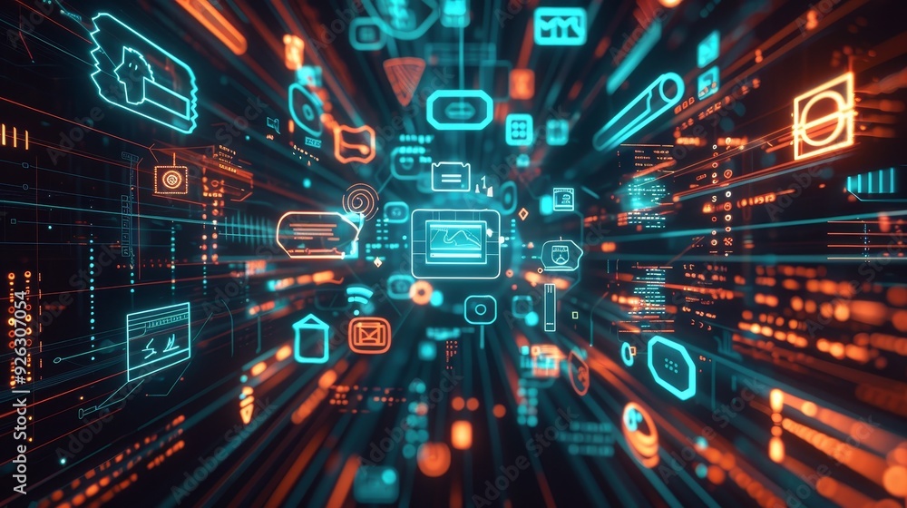 Poster a digital interface with icons and symbols exploding outwards, cyberpunk style, neon colors