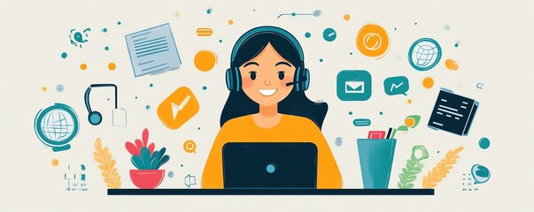 A flat art illustration of a customer service desk with a representative holding a headset, surrounded by support icons, symbolizing online sales assistance high detailed