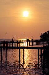 Obraz premium flocks of seagulls flying and swimming over the lake at sunset