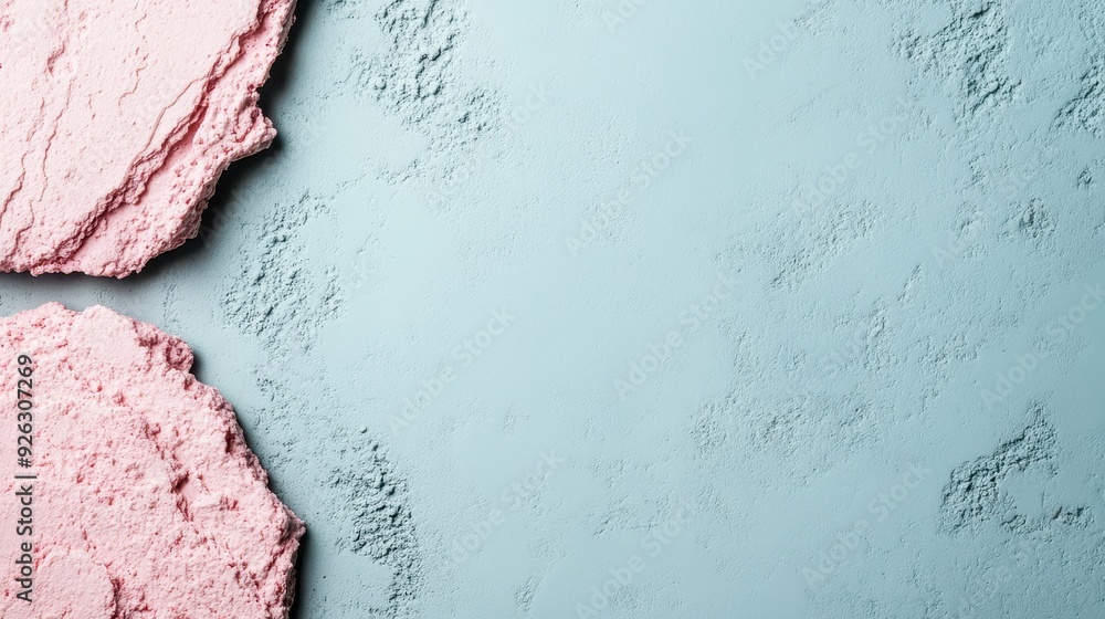 Poster close-up of a pastel blue and pink textured background with powdery elements, creating a soft and ab