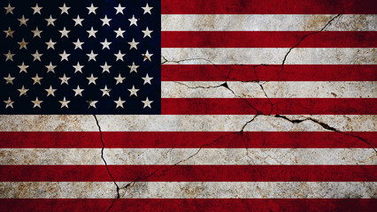 American flag USA on cracked concrete wall, concept. Economy and crisis, creativity. Freedom and...