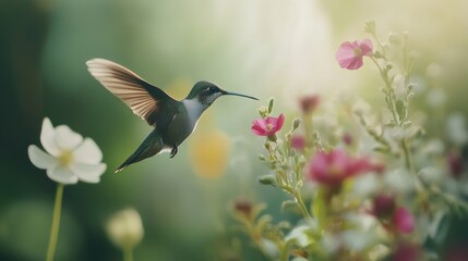 Naklejka premium Hummingbird in Flight Approaching Pink Flower