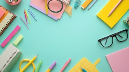 Colorful School Supplies Arranged on a Mint Green Background