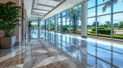 A modern corridor featuring sleek marble flooring, abundant natural light, and lush greenery, showcasing architectural elegance.