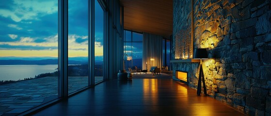 A modern interior featuring large windows, stone walls, and cozy lighting, overlooking a serene sunset by a lake.