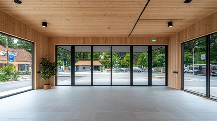 Bright and spacious modern interior with large windows, natural wood accents, and minimalistic design for versatile use.