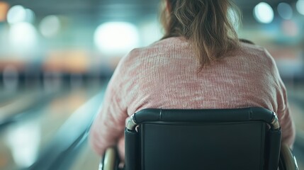 Rear view of a person in a wheelchair focusing on bowling, with a blurred vibrant background, evoking accessibility and determination in an inclusive environment.