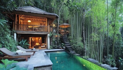 Obraz premium Jungle poolside retreat with wooden bungalow.