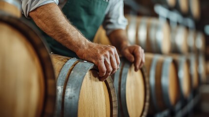 The hands of a man are resting on wooden barrels, focusing on craftsmanship and dedication in a rustic workshop setting filled with the aroma of aged wood.