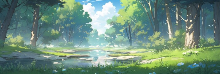 Enchanting Anime-Style Nature Background Illustration: Abstract Art for Game Concept, Storybook, and Comic Book Fans, Ideal for 4K Wallpapers and Digital Art Enthusiasts.
