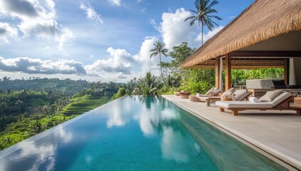 Infinity pool overlooking green rice terraces.