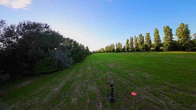 View from the first flight on the FPV drone. Video Shooting on an ultra-wide angle camera. Fast and dynamic flight on a sports quadcopter gvnf.obksz yn lipo batteries. Nature. Tuscany Italy 17.08.2024