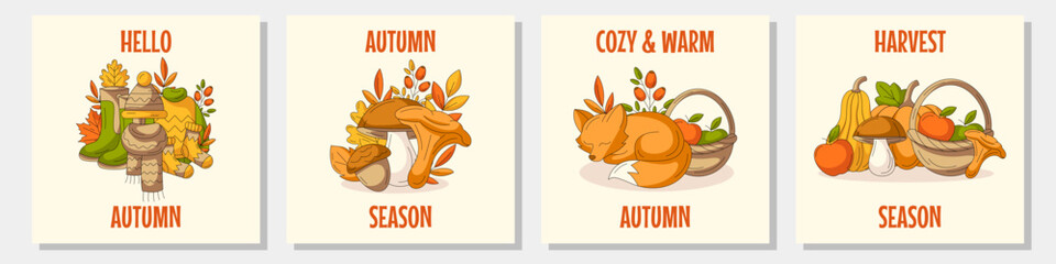 Autumn modern greeting card, square posters set, cozy fall elements from pumpkin, harvest, fox, mushroom, clothes. Trendy seasonal vector illustration for postcard, banner, social media, web, flyer