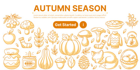 Autumn season icons composition. Infographics elements with cozy fall elements from cute fox, mushrooms, pumpkin, acorn, harvest. Modern line vector design for web, banner, poster, landing page