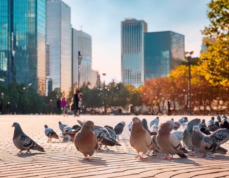 Una multitud de palomas en la plaza de la ciudad; plagas