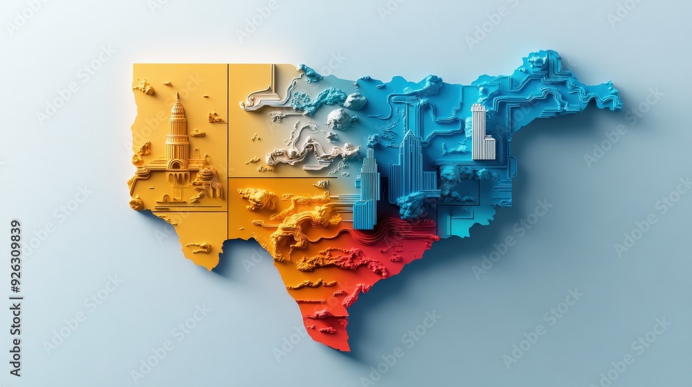 Wall mural a stylized state map of texas with major rivers and geographical landmarks in vibrant colors.