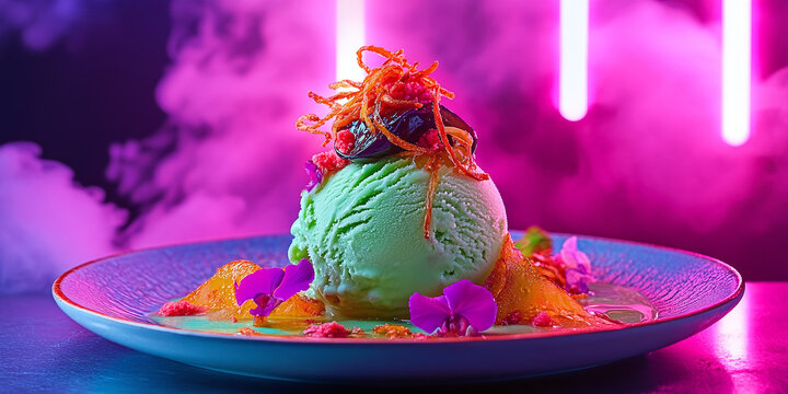 Bright neon lights illuminate whimsical Thai green curry ice cream with candied eggplant and crispy shallots.