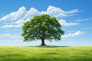 Oak tree grass field sky.