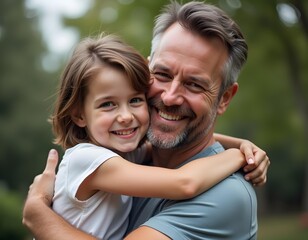 Fototapeta premium A middle-aged Caucasian man with a beard hugging a young Caucasian girl with long brown hair, both smiling happily in an outdoor setting