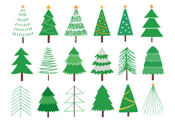 いろんなクリスマスツリーの手描きイラストセット カラー