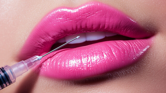 A close-up of glossy pink lips as a professional administers a precise cosmetic injection with a syringe. Ai generated