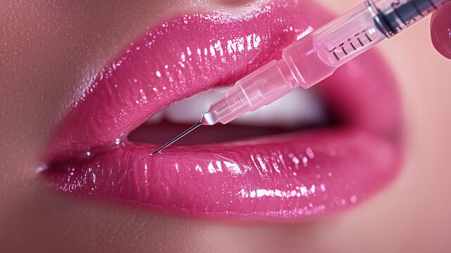 A close-up of glossy pink lips as a professional administers a precise cosmetic injection with a syringe. Ai generated - Powered by Adobe