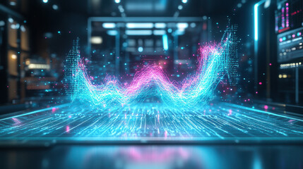 AI voice generator,  A captivating 3D holographic representation of a digital sound wave, displaying intricate patterns in bright cyan and magenta; set in a sleek, high-tech studio,