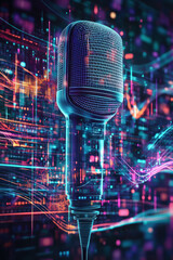 AI voice generator,  A hologram of a microphone icon prominently displayed above a vibrant digital sound wave background, showcasing a mix of blue and purple tones, suggesting a